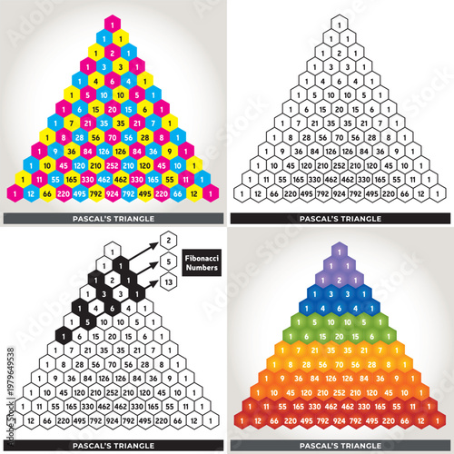4 Motifs Triangle de Pascal Illustration Couleur Hexagones – Représentation Mathématique Combinatoire, Nombres de Fibonacci, Vecteur