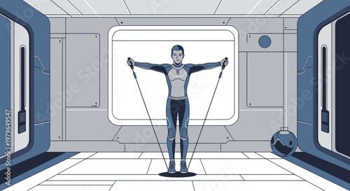 Futuristic Fitness: Astronaut exercising with resistance bands in a spacecraft cabin setting