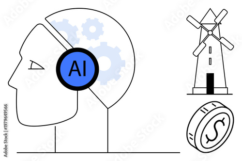 Artificial intelligence, renewable energy, economy, innovation, technology, sustainable progress. Outline of a head with AI gears, windmill and dollar coin. Artificial intelligence and renewable