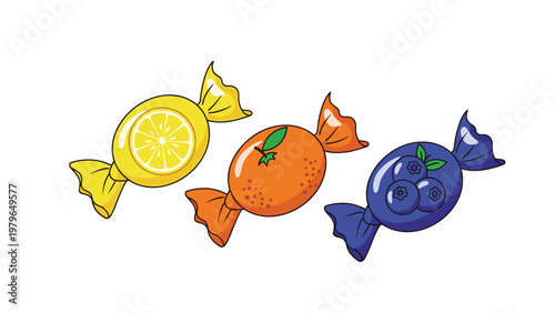 Three wrapped fruit candies with lemon, orange, and blueberry flavors shown in a vibrant and colorful illustration.