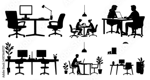 Co-working space icon set with solid black icon on white background featuring workspace, collaboration, office environment with black and white and simple minimal style