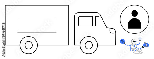 Logistics, automation, user profiles, delivery services, technology, e-commerce. Outline of a truck, profile icon and robot with logistics tools. Logistics and automation concept