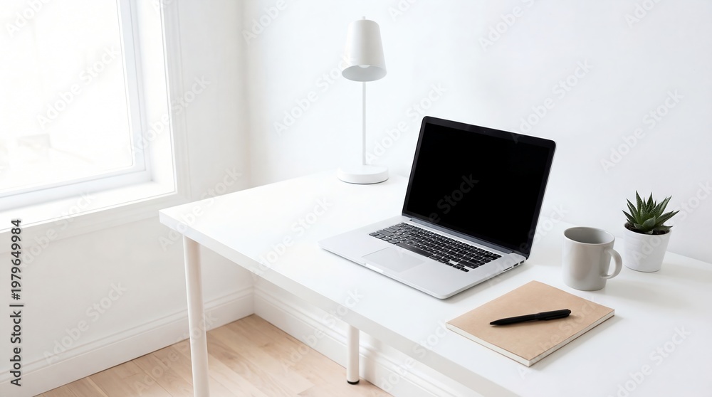 Fototapeta premium A modern workspace featuring a laptop, notebook, and accessories on a desk. A minimalist office setting that invites productivity