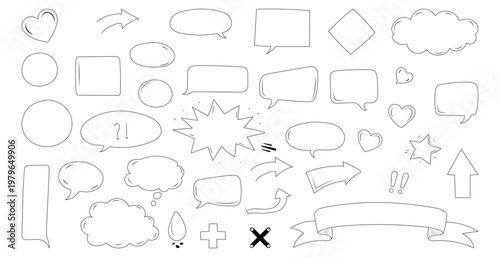Hand Drawn Shape Set with Speech Bubbles, Frames, Hearts and Decorative Elements.Talk clouds sketch frames. Speech thought Balloon shapes. Sketch Style Decorative Shapes Set with Comic Bubbles. Vector