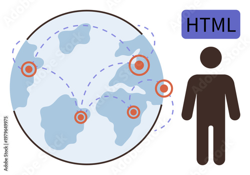 Web development, global networking, coding, digital communication, internet technology, software engineering. A globe with networking lines and HTML text near a person icon. Web development