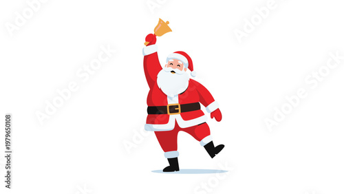 Jolly Santa Claus wearing his red suit ringing a golden bell and waving in a friendly and festive holiday illustration.
