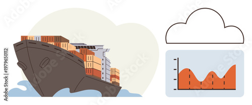 Logistics, global trade, data analysis, shipping technology, supply chain management, maritime transport. Cargo ship carrying containers, chart with cloud icon. Logistics and global trade concept