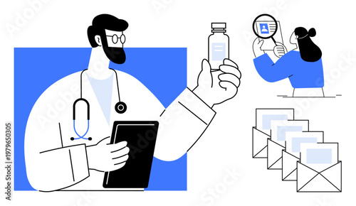 Healthcare communication. Doctor holding prescription bottle and tablet, digital tools for patient communication. Healthcare data, telemedicine, and digital prescriptions. Perfect for medical