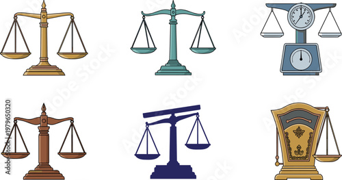 Scales Collection Set Featuring Justice Scales, Weighing Scales, and Antique Balance Scales Illustrations for Law and Fairness