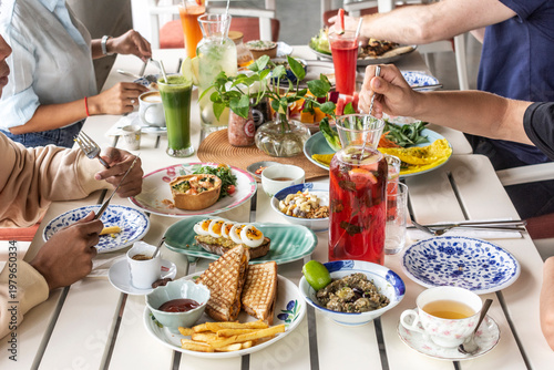 mixed western healthy food meal on restaurant table outdoors in singapore restaurant