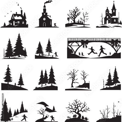Black and white rural silhouette vector illustration with village houses trees people and outdoor activities