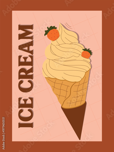 Sweet ice cream cone with strawberries in soft pastel colors. Cute summer dessert illustration with waffle cone and creamy swirl, perfect for posters, cards, prints, and food design.