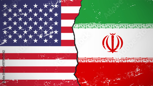 USA vs Iran Conflict Concept American and Iranian Flags with Grunge Texture Background