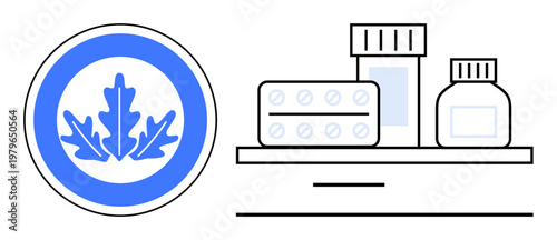 Healthcare, medicine, pharmaceutical products, organic healthcare, natural treatments, medical supplies. Pill bottles and a blue leaf emblem. Healthcare and medicine concept