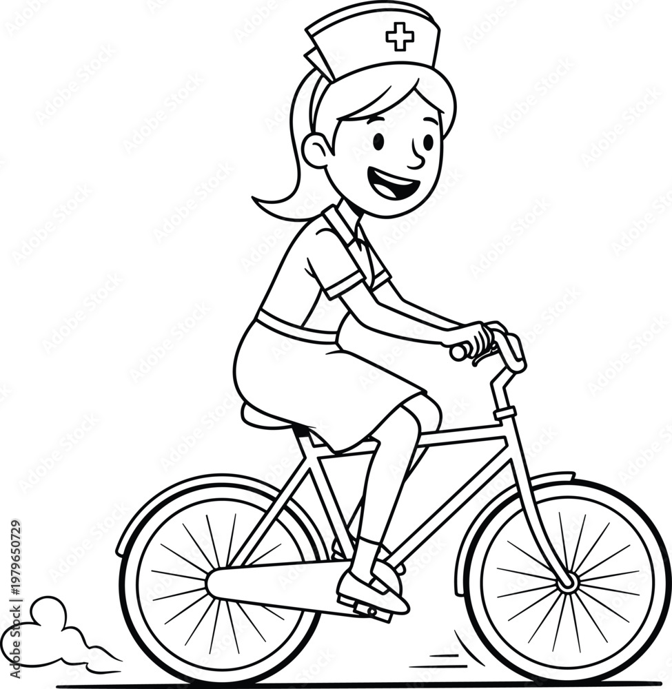 Fototapeta premium Cartoon Nurse Riding Bicycle Line Art Illustration with Healthcare Worker Character Cycling for Healthy Lifestyle, Medical Profession and Eco Friendly Transport Concept