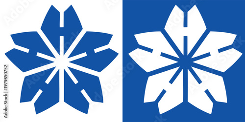 Modern geometric sakura cherry blossom icon set in blue and white