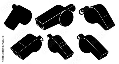 Sport whistle set with solid black icon on white background, minimalistic line design featuring whistle, sports, fitness with gym and class