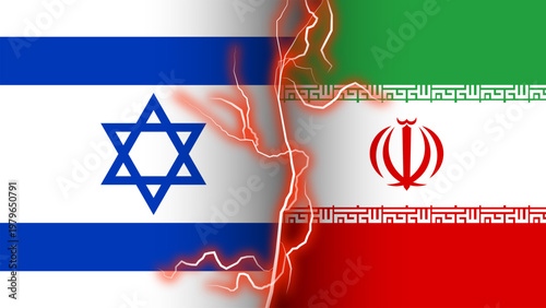 Israel vs Iran Conflict Concept. Israel and Iranian Flags with Lightning Background. Political Conflict Illustration