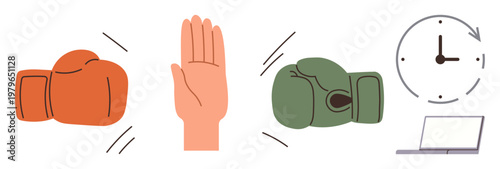 Conflict resolution, time management, mediation, negotiation, workplace stress, teamwork. Boxing gloves and raised hand next to a clock and laptop. Conflict resolution and time management concept