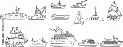 Various Types of Ships, Boats, and Vessels for Maritime and Nautical Illustration