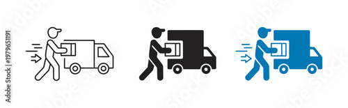 Delivery logistics icon set, person loading package delivery truck shipping transportation courier service minimalist vector design