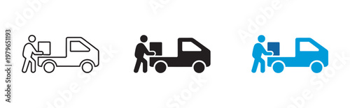 Delivery logistics icon set, person loading package delivery truck shipping transportation courier service minimalist vector design