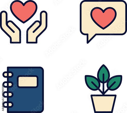 Heart icons flat design vector illustration with caring hands heart speech bubble love message and notebook symbol