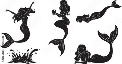 Set of Elegant Mermaid Silhouettes in Various Poses - Vector Illustration
