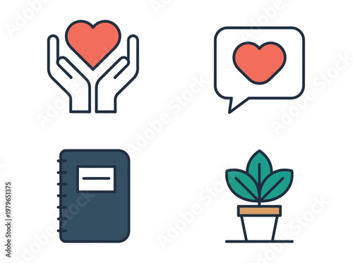 Heart icons flat vector illustration featuring hands holding heart speech bubble heart and spiral notebook symbol design