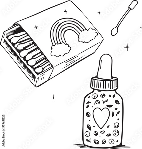 Black and white matchbox dropper bottle cotton swab vector illustration whimsical design