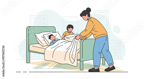 Mother tucks in sick child in bed, sibling watches, home healthcare concept