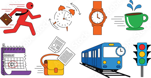 Daily routine and time management illustration set featuring running person alarm clock coffee cup train calendar and traffic light icons for lifestyle productivity design