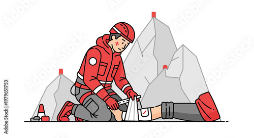Mountain Rescue Medic Bandaging Injured Hiker's Leg on Rocky Slope
