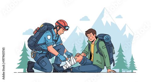Mountain Rescue: Rescuer applies bandage to injured hiker's leg in alpine environment