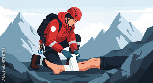Mountain Rescue Medic Bandaging Injured Hiker's Leg in Snowy Peaks