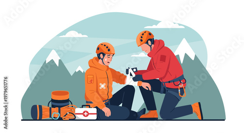 Mountain Rescue Team Member Provides First Aid to Injured Climber in Snowy Landscape