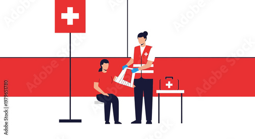 Medical professional assisting patient with medical document, first aid kit nearby