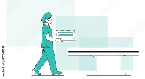 Medical Professional Carries Laptop in Modern Operating Room with Surgical Table