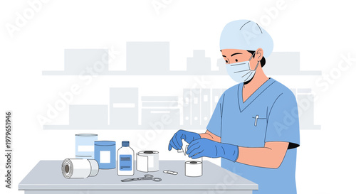 Medical professional preparing supplies for surgery or treatment in a sterile environment