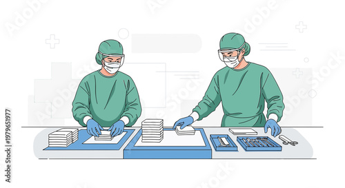 Medical Professionals Preparing Surgical Instruments in Sterile Environment