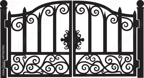 Black silhouette of a double wrought iron gate with ornate scrollwork and arched