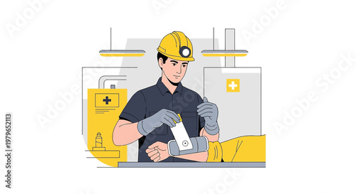Miner Applying Bandage to Injured Arm in Industrial Setting