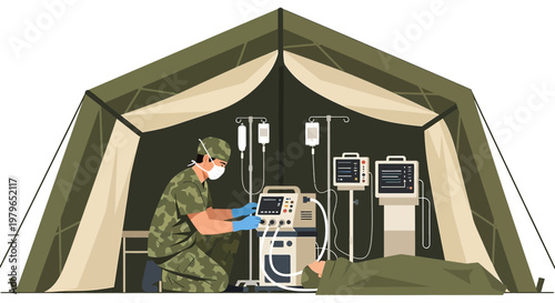 Military Medic Tends to Patient in Field Hospital Tent with Ventilator