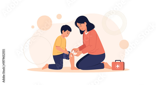 Mother applying bandage to child's knee, first aid kit nearby, illustration