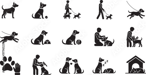 Dynamic silhouettes illustrating diverse dog life activities, including walking, playing, training, and pet care essentials, symbolizing the bond with canine companions