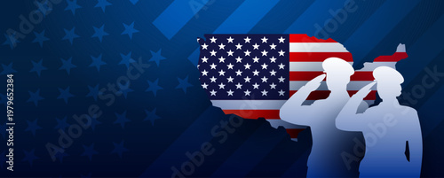 US Patriotic background with saluting officers and the United States map - vector illustration for horizontal banner with space for text