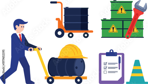 Industrial logistics and warehouse safety illustration set featuring worker transporting barrels hazard containers wrench checklist helmet and traffic cone icons for construction design