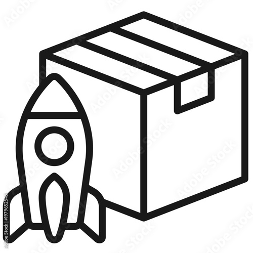 Simple line art of a rocket launching next to a cardboard delivery box