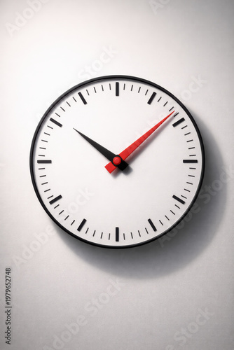 Minimalist wall clock with clean white face and bold black and red hands, modern design concept representing time, simplicity and precision