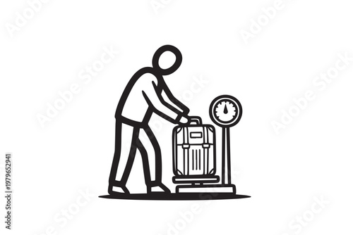Traveler Weighing Luggage on Scale Before Flight – Airport Baggage Check Illustration for Travel Rules, Airline Policy, and Departure Preparation Content